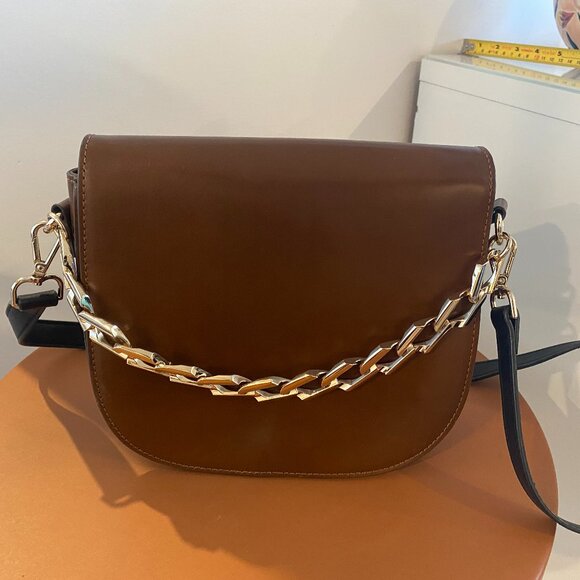 ZARA Brown Leather Crossbody Bag with Gold Chain Detail - Picture 1 of 4